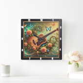 花と蝶を囲んだアコースティックギター スクエア壁時計 (ホーム)