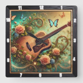 花と蝶を囲んだアコースティックギター スクエア壁時計 (正面)