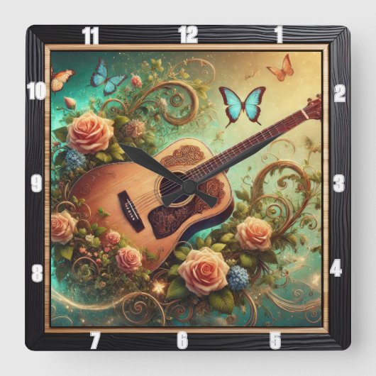 花と蝶を囲んだアコースティックギター スクエア壁時計 (正面)