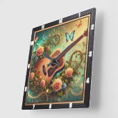 花と蝶を囲んだアコースティックギター スクエア壁時計 (傾斜)