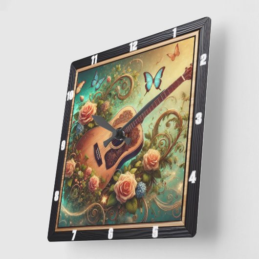 花と蝶を囲んだアコースティックギター スクエア壁時計 (傾斜)