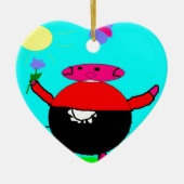 花と蝶を太陽に持つ豚、子供によるアート:) セラミックオーナメント (正面)