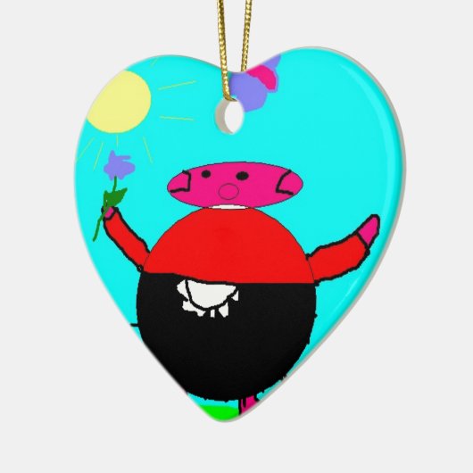 花と蝶を太陽に持つ豚、子供によるアート:) セラミックオーナメント (左)