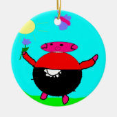 花と蝶を太陽に持つ豚、子供によるアート:) セラミックオーナメント (正面)