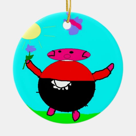 花と蝶を太陽に持つ豚、子供によるアート:) セラミックオーナメント (正面)