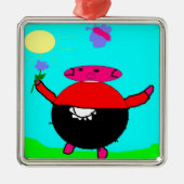 花と蝶を太陽に持つ豚、子供によるアート:) メタルオーナメント (正面)