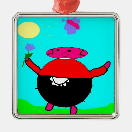 花と蝶を太陽に持つ豚、子供によるアート:) メタルオーナメント (正面)