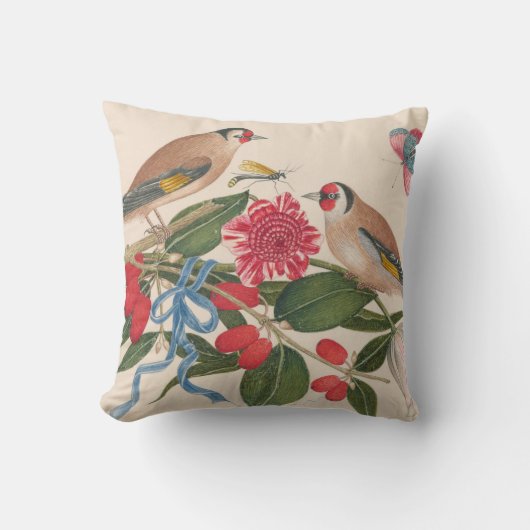 花と蝶を持つ茶色の鳥 クッション (正面)