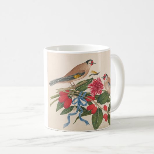 花と蝶を持つ茶色の鳥 コーヒーマグカップ (正面右)