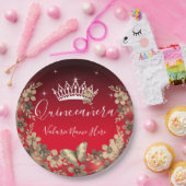 花と蝶キンセアニェラ赤金ゴールド ペーパープレート (パーティー)