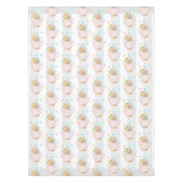 花と蝶パターン付きピンクのティーポット テーブルクロス