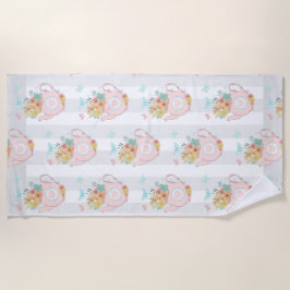 花と蝶パターン付きピンクのティーポット ビーチタオル