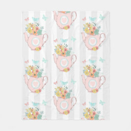 花と蝶パターン付きピンクのティーポット フリースブランケット