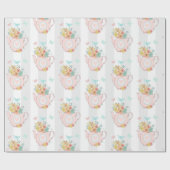 花と蝶パターン付きピンクのティーポット ラッピングペーパー (フラット)