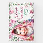 花と蝶ピンク赤ちゃんシャワーへようこそ 横断幕 (縦)