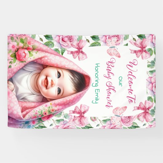 花と蝶ピンク赤ちゃんシャワーへようこそ 横断幕 (横)