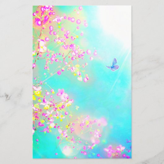 花と蝶フローラピンク青かわいい 便箋 (正面)