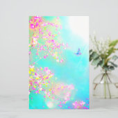 花と蝶フローラピンク青かわいい 便箋 (スタンド正面)