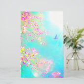 花と蝶フローラピンク青かわいい 便箋 (スタンド正面)