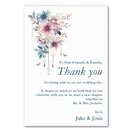 花と蝶結婚のサンキューカード テーブルナンバー (正面)