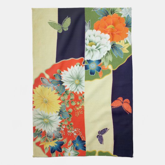 花と蝶、日本のデザイン キッチンタオル (縦)