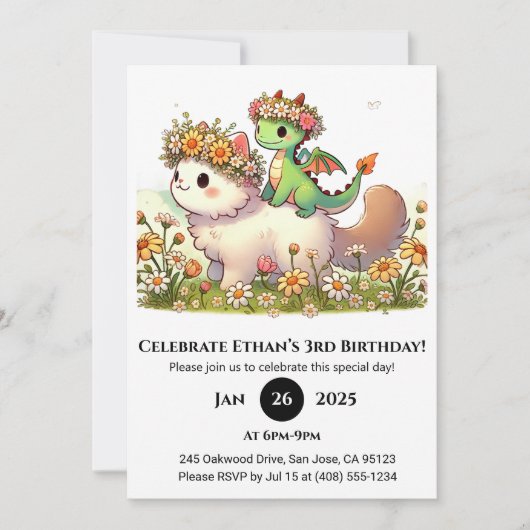 花と赤ちゃんドラゴンとふわふわ猫の誕生日 招待状 (正面)