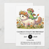 花と赤ちゃんドラゴンとふわふわ猫の誕生日 招待状 (正面/裏面)