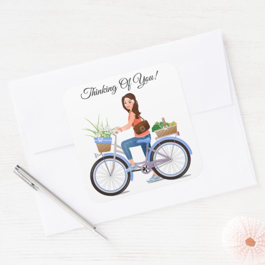 花と野菜の青い自転車のバスケットに女の子 スクエアシール (封筒)