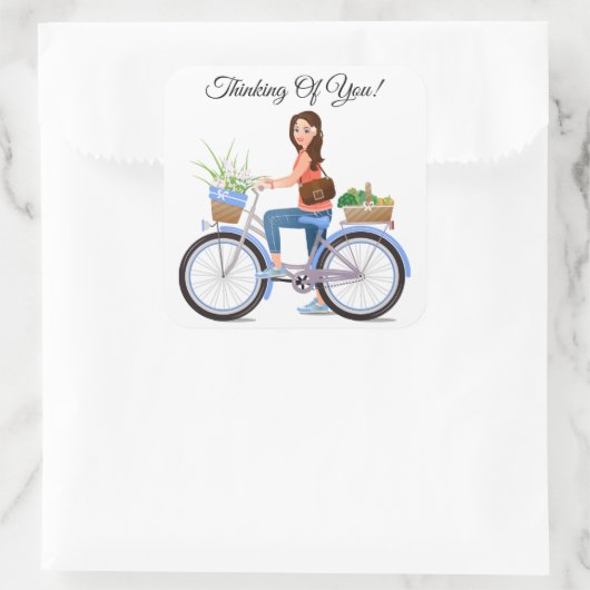 花と野菜の青い自転車のバスケットに女の子 スクエアシール (バッグ)