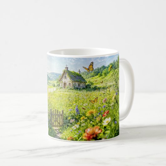 花と門と煙突の山小屋 コーヒーマグカップ (正面右)