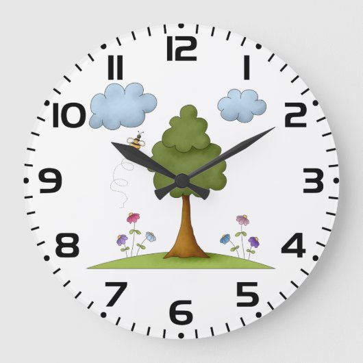 花と雲が咲く蜂と木の自然 ラージ壁時計 (正面)
