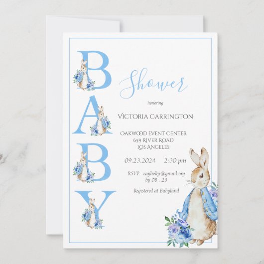 花と青いピーターうさぎ赤ちゃんシャワー 招待状 (正面)