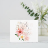 花と静かな女性の水彩画 ポストカード (スタンド正面)