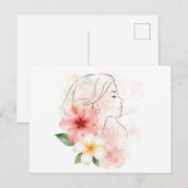 花と静かな女性の水彩画 ポストカード (正面/裏面)