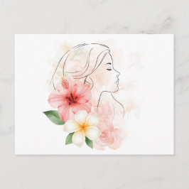 花と静かな女性の水彩画  ポストカード