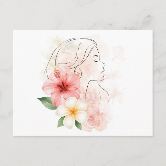 花と静かな女性の水彩画 ポストカード (正面)
