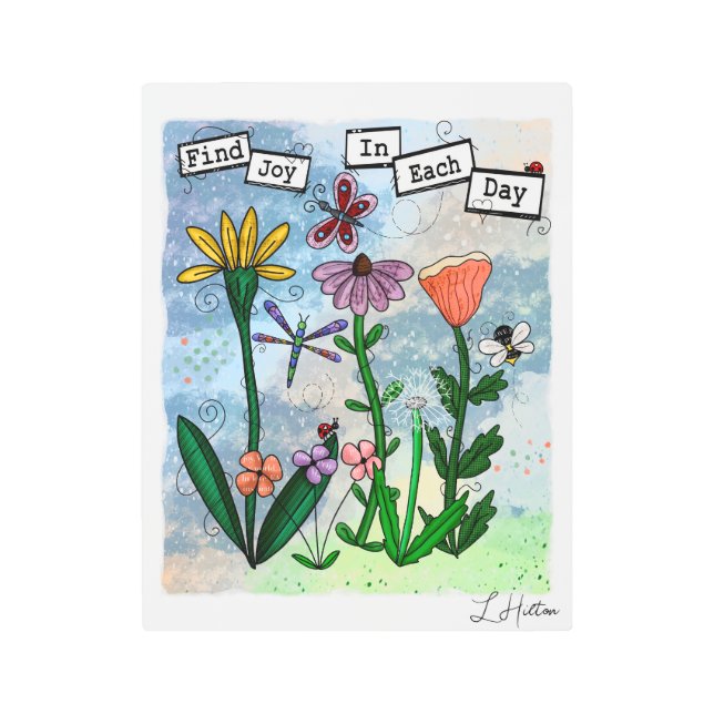 花と音楽のノートと喜びのアートワーク メタルプリント (正面)