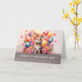 花と風船の中のイースターウォーターカラーウサギ カード (黄色い花)