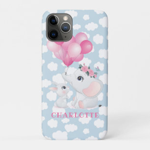 花と風船を持つ女の子像の象とウサギ iPhone 11 PROケース