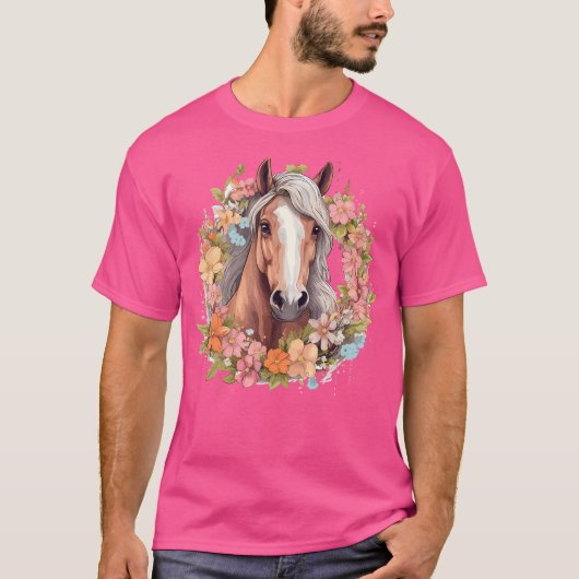 花と馬の乗馬デザイン Tシャツ (正面)