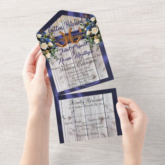 花と馬蹄形、ブルーリボン オールインワン招待状 (貼ってはがせる)