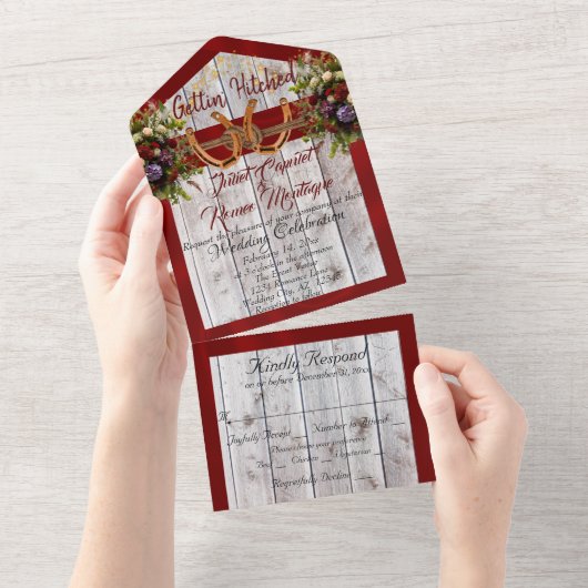 花と馬蹄形、赤いリボン オールインワン招待状 (貼ってはがせる)