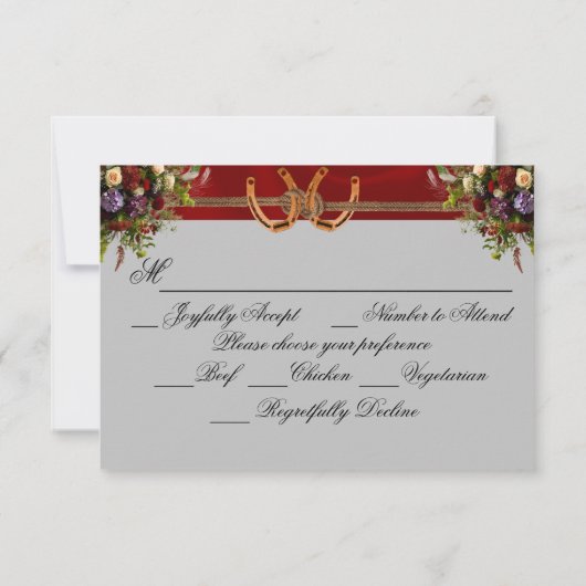 花と馬蹄形、赤いリボン 出欠カード (裏面)