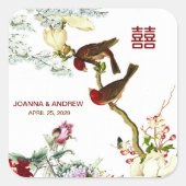 花と鳥の花中国のを愛結婚す© スクエアシール (正面)