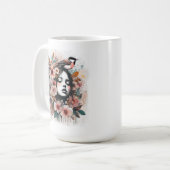 花と鳥の芸術的な女性のイラスト コーヒーマグカップ (正面左)