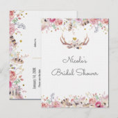 花と鹿の角のラスティックなSave The Dateイベント 案内ポストカード (正面/裏面)