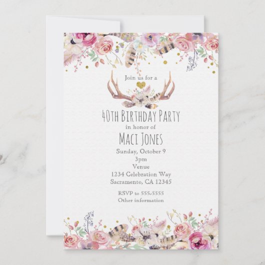花と鹿の角の誕生日パーティー招待状 招待状 (正面)