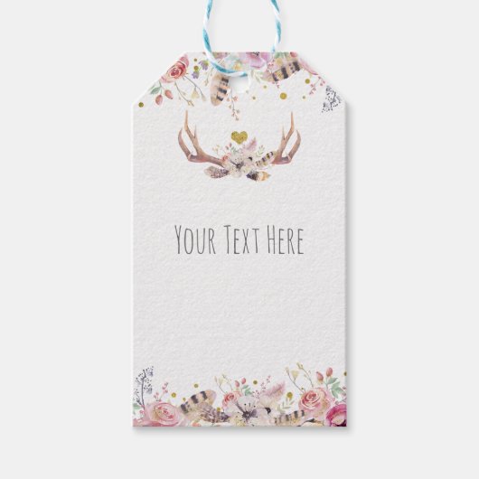花と鹿の〔雄ジカの〕枝角素朴カントリーウェディング ギフトタグ (正面)