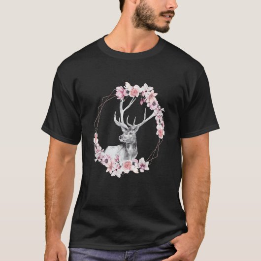 花と鹿 森林動物 鹿 角 ヘラジカ Tシャツ (正面)