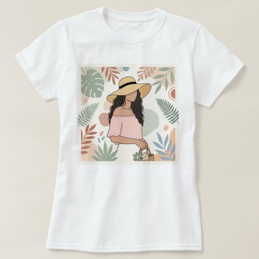 花と麦わら帽子の女性 Tシャツ (デザイン正面)